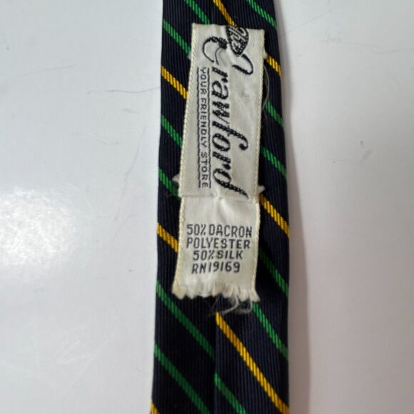 Vintage The Crawford Navy Green Gold Diagonal Striped Dakron/Silk Tie - Picture 6 of 8